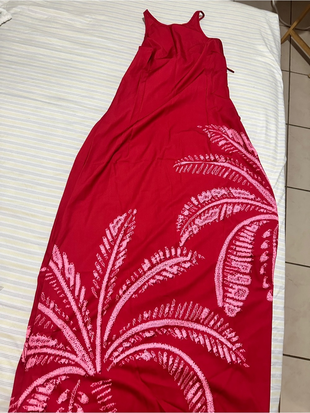 Red Sleeveless Maxi Dress with Pink Palm Print - Picture 9 of 9